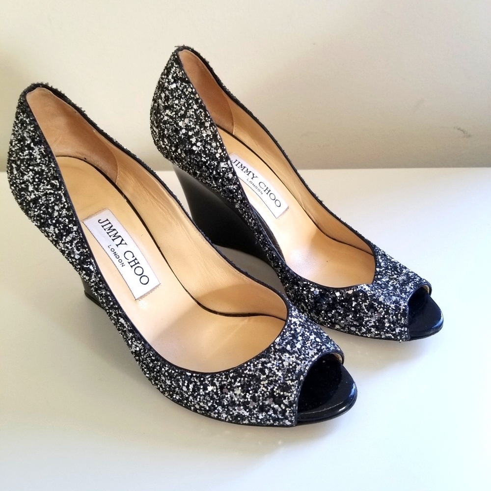 Jimmy Choo Baxen Glitter Peep-toe Wedge Pump